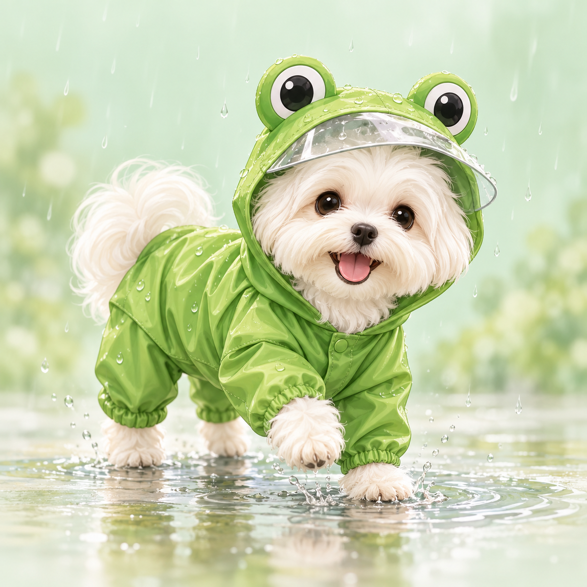 White dog wearing a green frog raincoat on a rainy walk