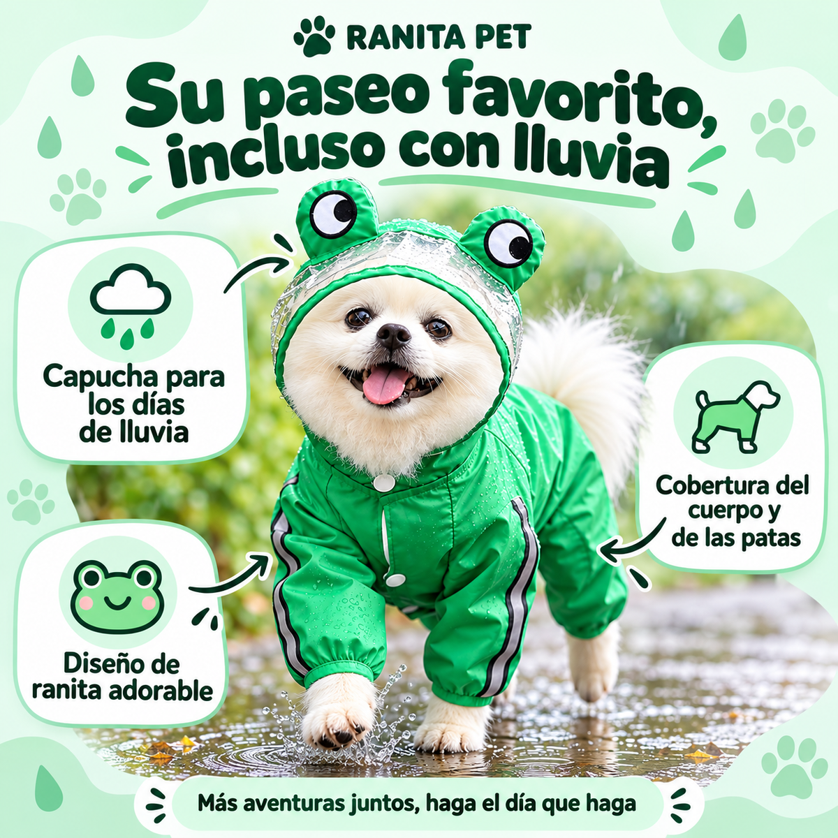 Dog enjoying a rainy walk in a frog raincoat